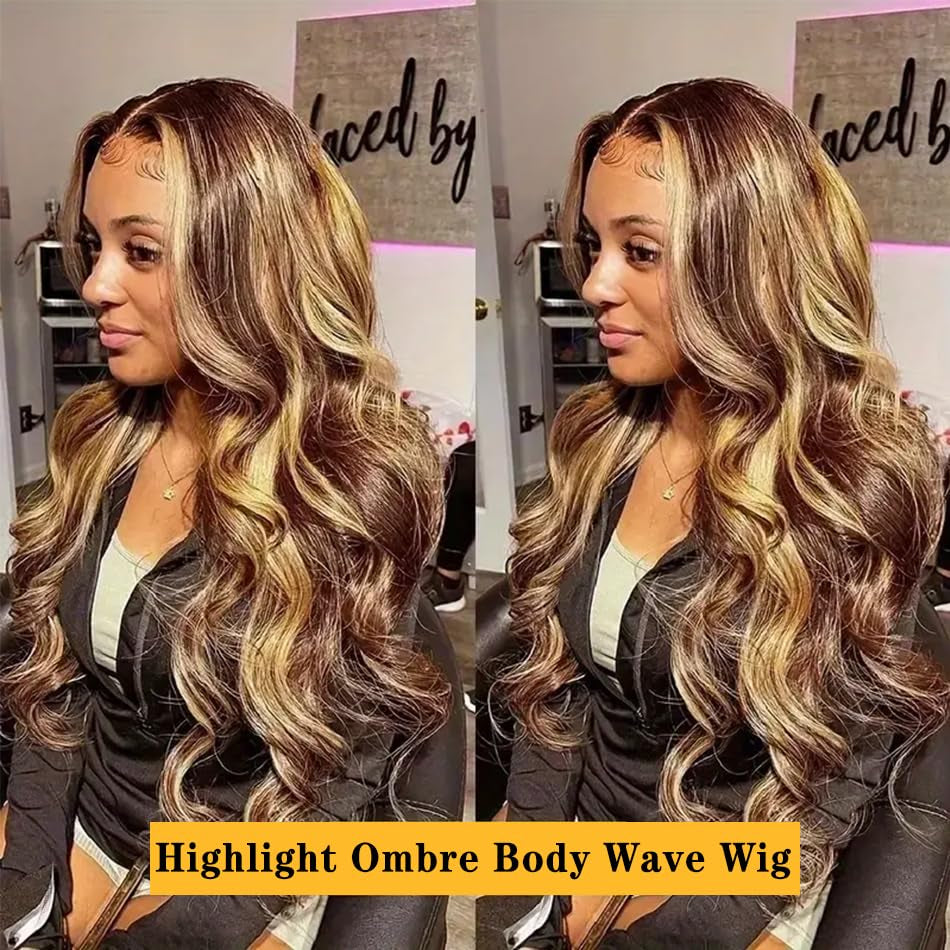 30 Inch Honey Blonde Ombre Lace Front Wig Human Hair Highlight Body Wave Lace Front Wigs Human Hair Pre Plucked 180 Density Glueless 13X4 HD Lace Frontal Wig for Women 4/27 Colored
