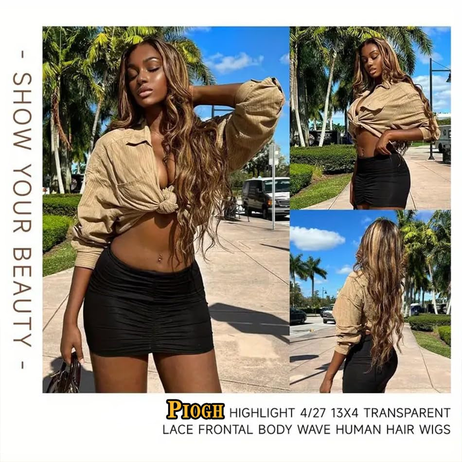 30 Inch Honey Blonde Ombre Lace Front Wig Human Hair Highlight Body Wave Lace Front Wigs Human Hair Pre Plucked 180 Density Glueless 13X4 HD Lace Frontal Wig for Women 4/27 Colored