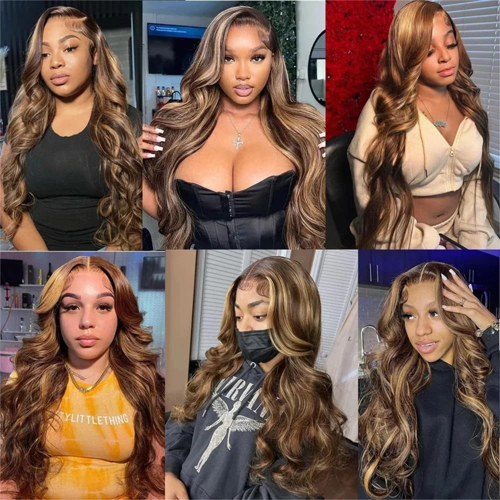 30 Inch Honey Blonde Ombre Lace Front Wig Human Hair Highlight Body Wave Lace Front Wigs Human Hair Pre Plucked 180 Density Glueless 13X4 HD Lace Frontal Wig for Women 4/27 Colored