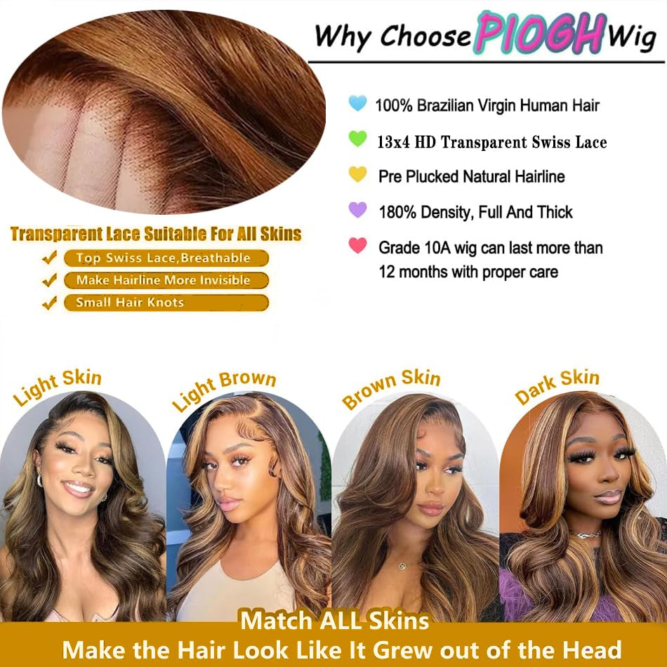 30 Inch Honey Blonde Ombre Lace Front Wig Human Hair Highlight Body Wave Lace Front Wigs Human Hair Pre Plucked 180 Density Glueless 13X4 HD Lace Frontal Wig for Women 4/27 Colored