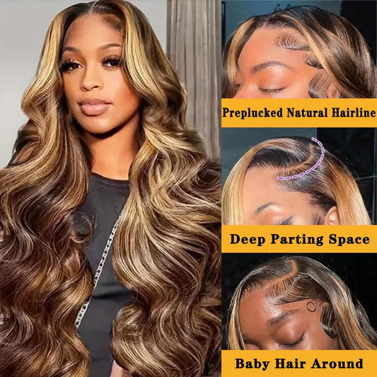 30 Inch Honey Blonde Ombre Lace Front Wig Human Hair Highlight Body Wave Lace Front Wigs Human Hair Pre Plucked 180 Density Glueless 13X4 HD Lace Frontal Wig for Women 4/27 Colored